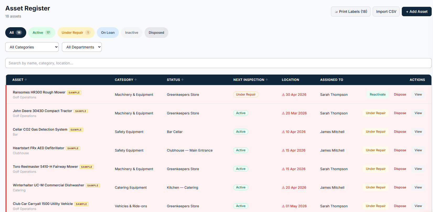 Asset register showing 18 assets with inspection status