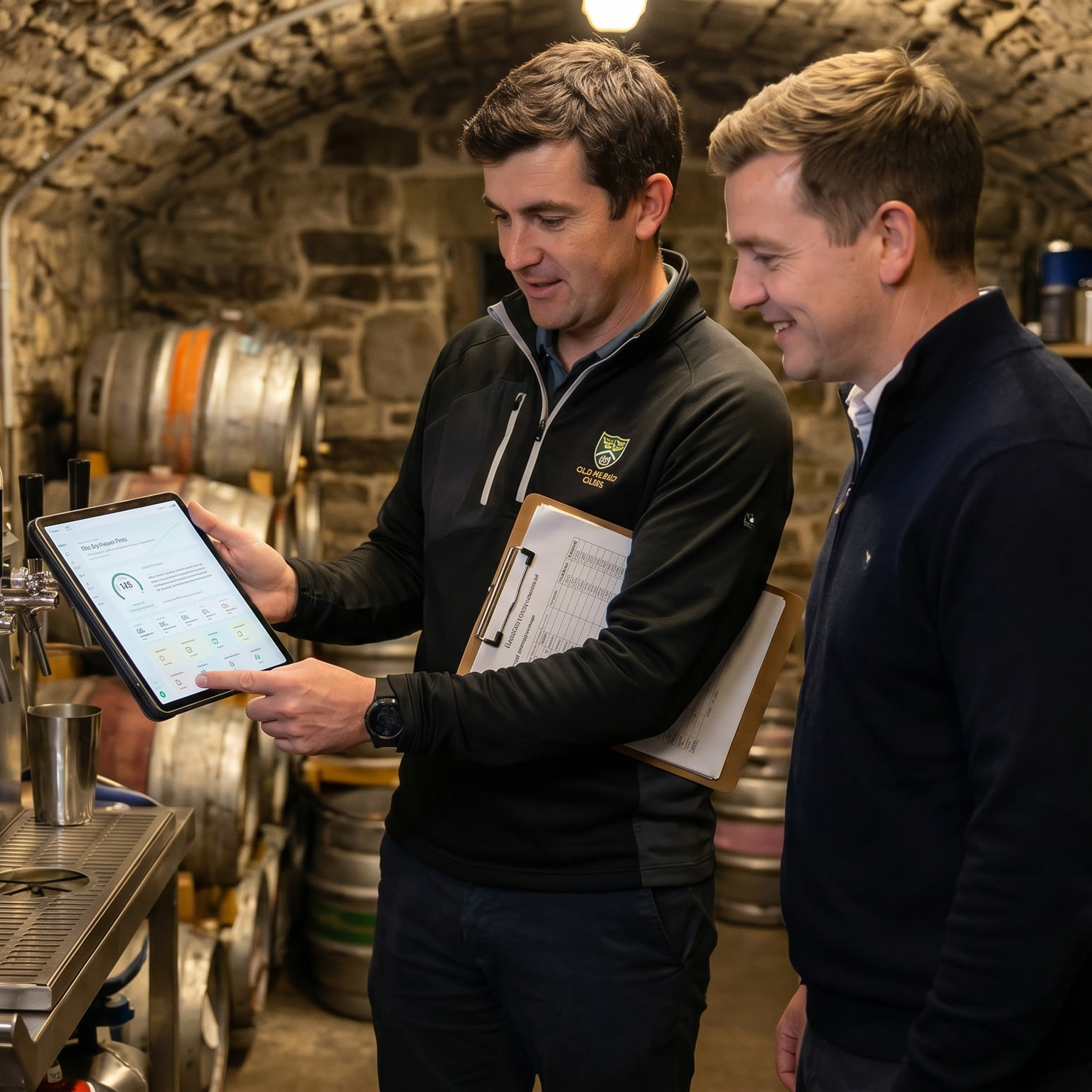 Bar manager and club manager inspecting cellar cooling equipment on a tablet