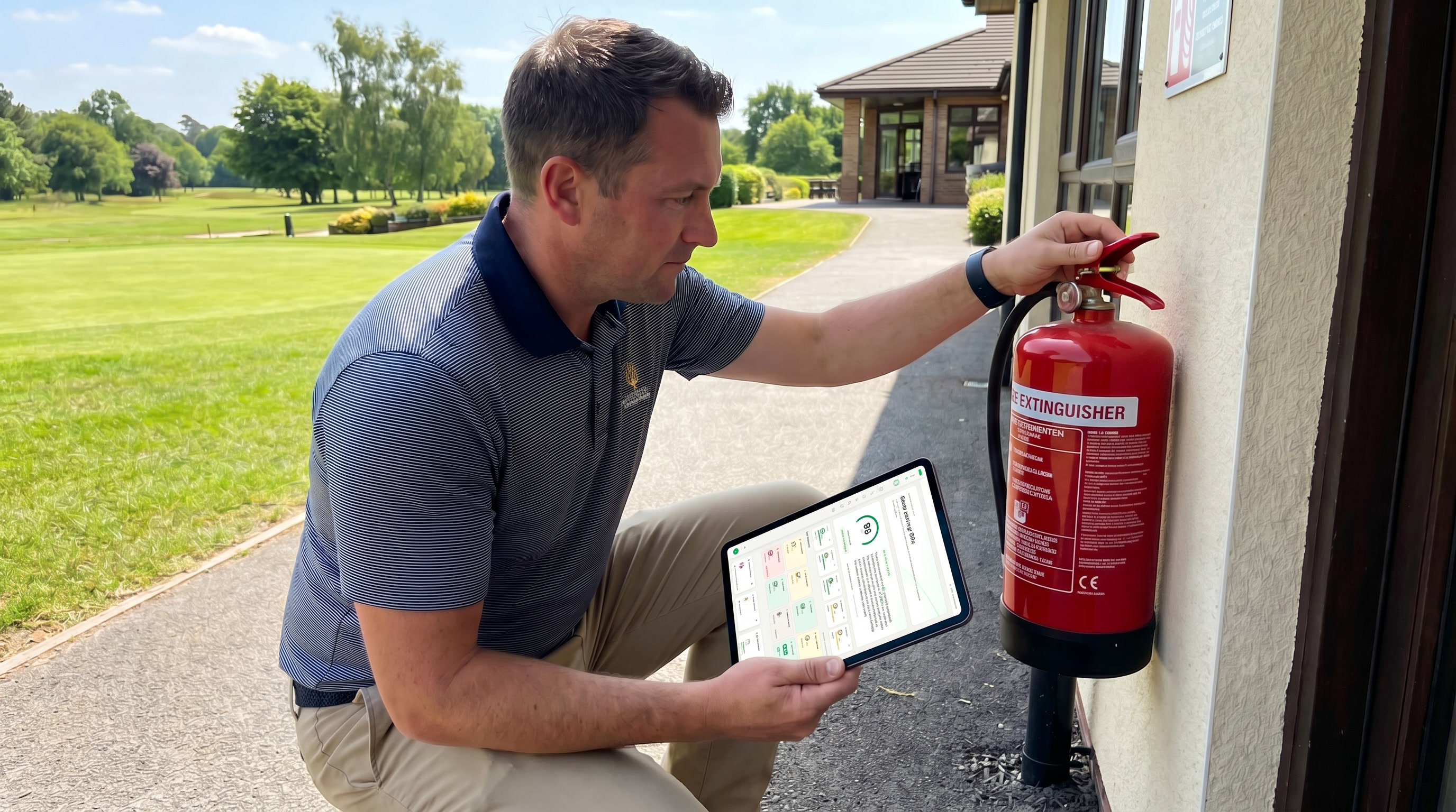 Club manager checking a fire extinguisher outside the clubhouse with a tablet