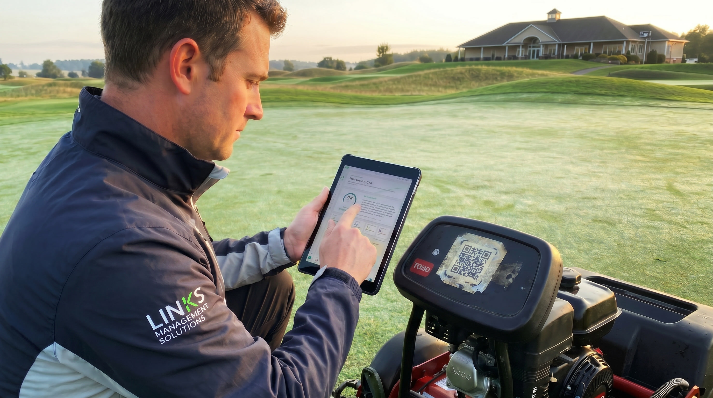 A greenkeeper tapping the compliance score on a tablet beside a greens mower, clubhouse and course behind